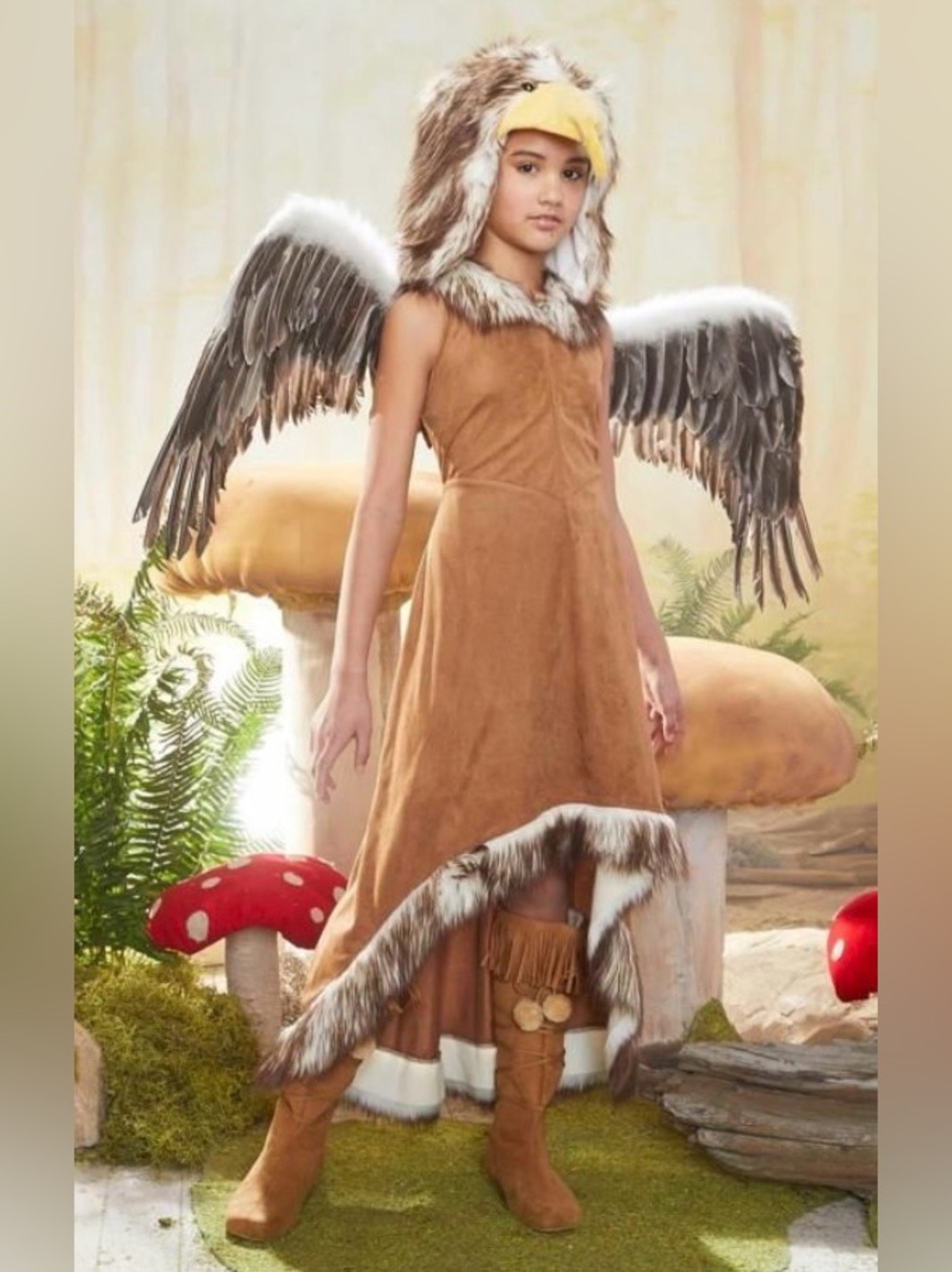 Chasing Fireflies Eagle Bird Hooded Costume Dress Faux Fur Trim Kids 6-8